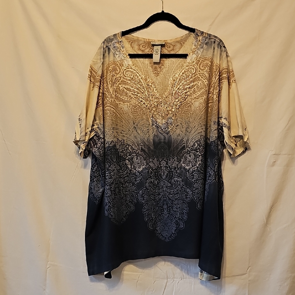 Catherines Gold and Blue Shark Bite Tunic With Rhinstone Accents.